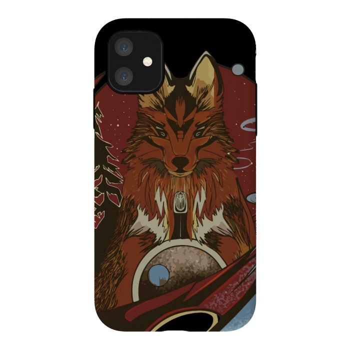 iPhone 11 StrongFit Wolf portrait with pine trees in the back by Josie