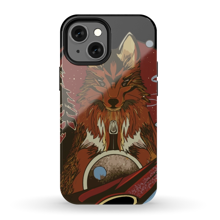 iPhone 12 mini StrongFit Wolf portrait with pine trees in the back by Josie