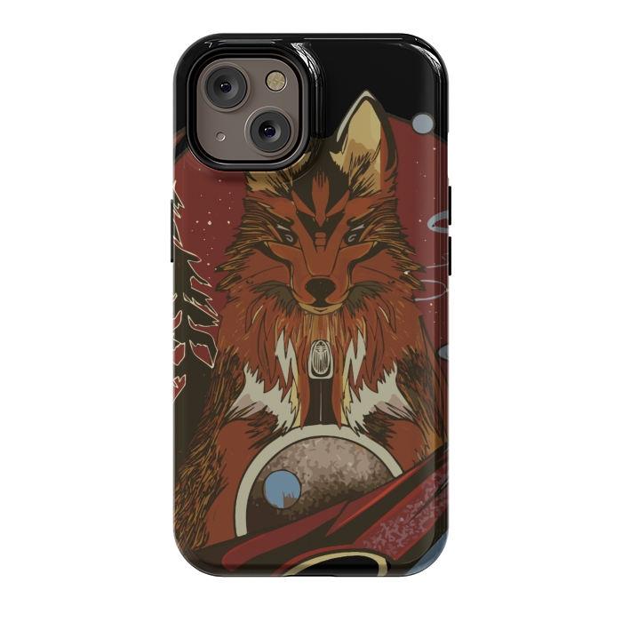iPhone 14 StrongFit Wolf portrait with pine trees in the back by Josie