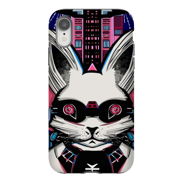 iPhone Xr StrongFit Neon cyberpunk rabbit with glowing eyes background  by Josie