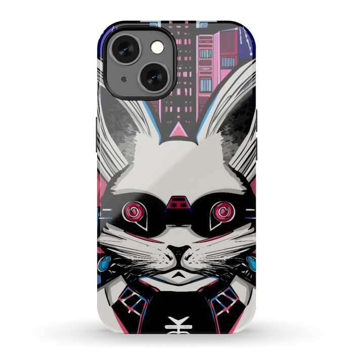 iPhone 13 StrongFit Neon cyberpunk rabbit with glowing eyes background  by Josie