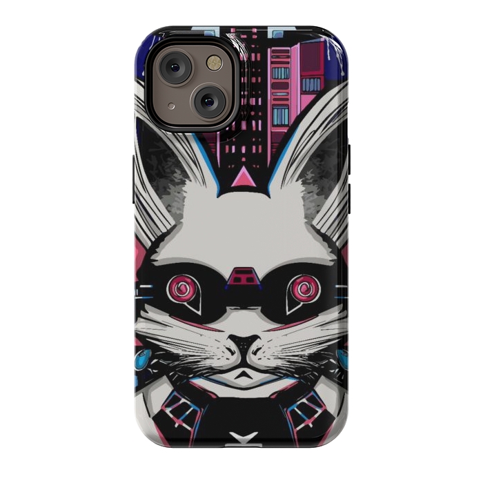 iPhone 14 StrongFit Neon cyberpunk rabbit with glowing eyes background  by Josie