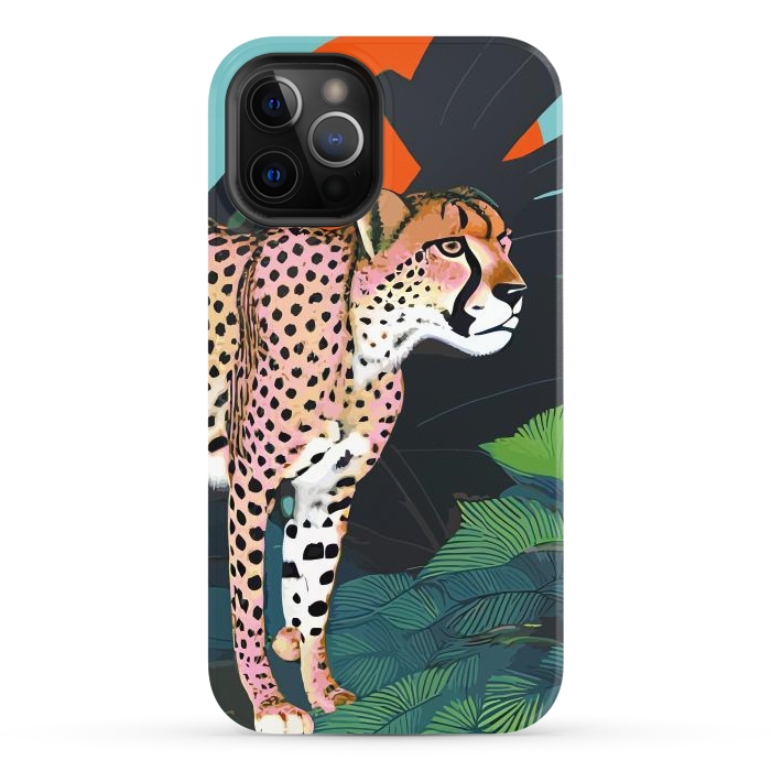 iPhone 12 Pro StrongFit The Cheetah, Tropical Jungle Animals, Mystery Wild Cat, Wildlife Forest Vintage Nature Painting by Uma Prabhakar Gokhale
