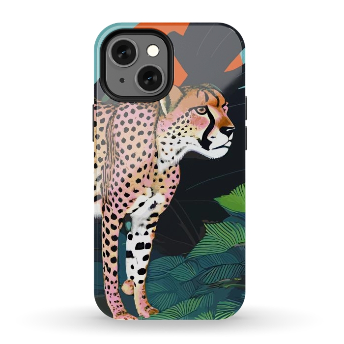 iPhone 13 mini StrongFit The Cheetah, Tropical Jungle Animals, Mystery Wild Cat, Wildlife Forest Vintage Nature Painting by Uma Prabhakar Gokhale