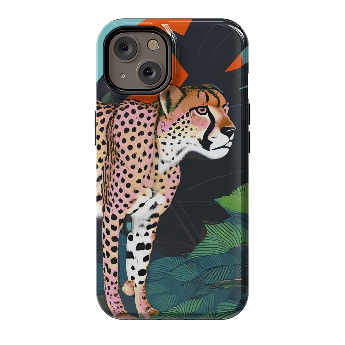 iPhone 14 StrongFit The Cheetah, Tropical Jungle Animals, Mystery Wild Cat, Wildlife Forest Vintage Nature Painting by Uma Prabhakar Gokhale