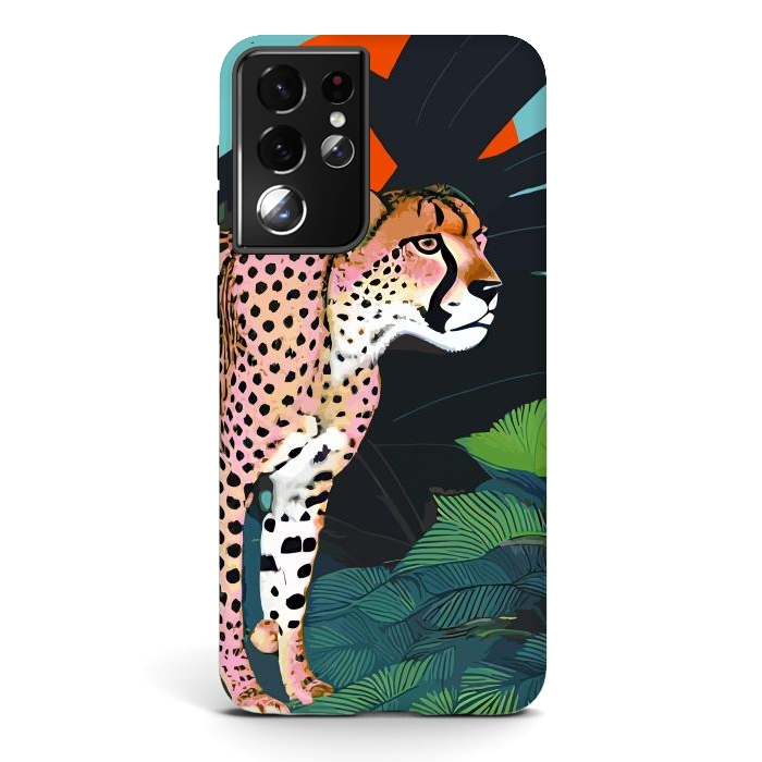 Galaxy S21 ultra StrongFit The Cheetah, Tropical Jungle Animals, Mystery Wild Cat, Wildlife Forest Vintage Nature Painting by Uma Prabhakar Gokhale