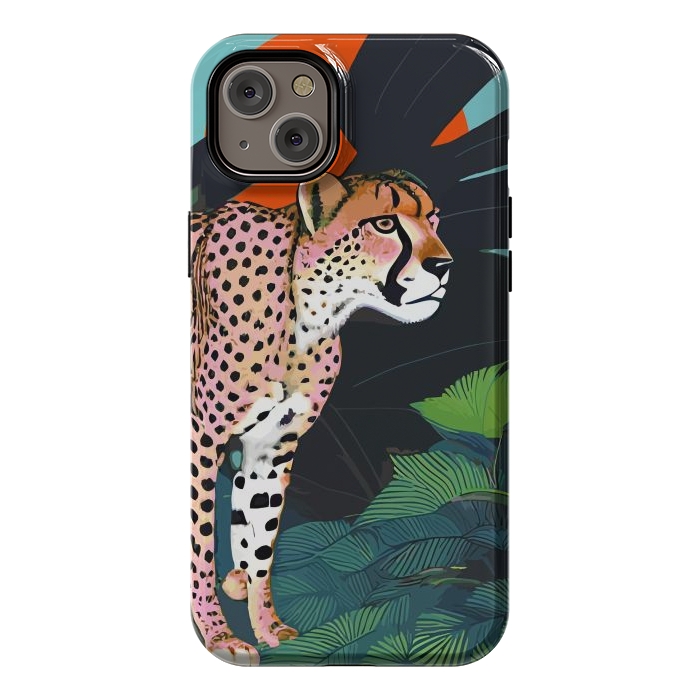 iPhone 14 Plus StrongFit The Cheetah, Tropical Jungle Animals, Mystery Wild Cat, Wildlife Forest Vintage Nature Painting by Uma Prabhakar Gokhale