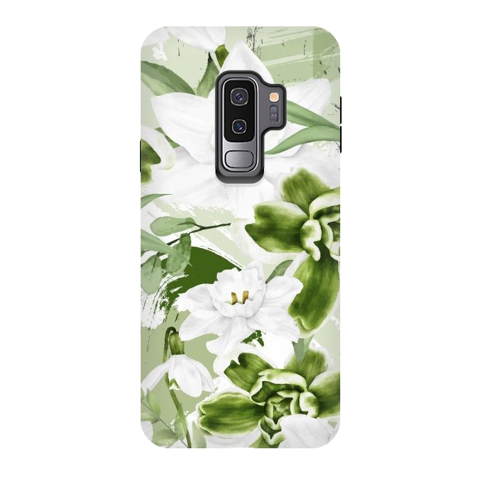 Galaxy S9 plus StrongFit White Watercolor Flowers 1 by Bledi