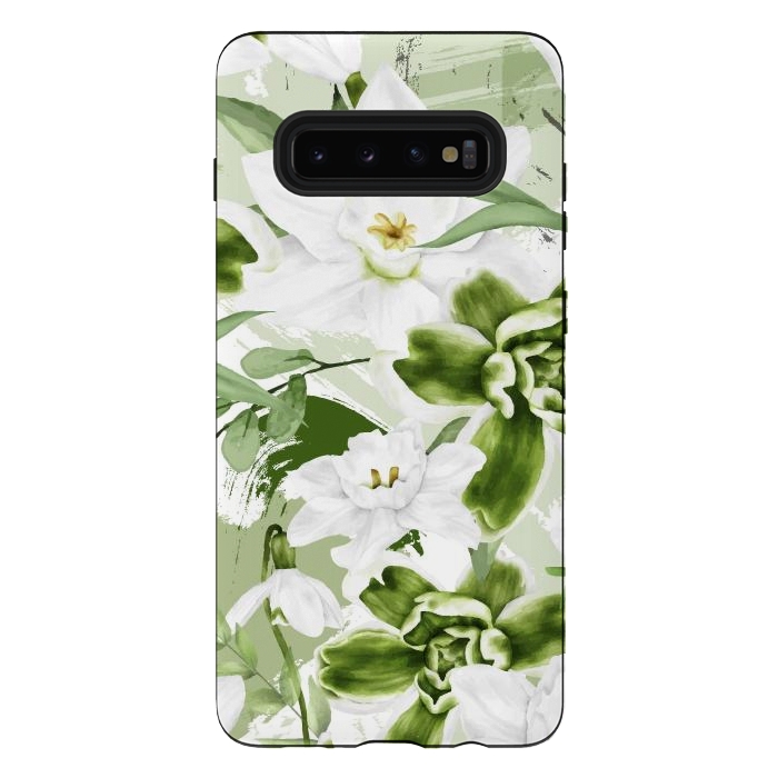 Galaxy S10 plus StrongFit White Watercolor Flowers 1 by Bledi