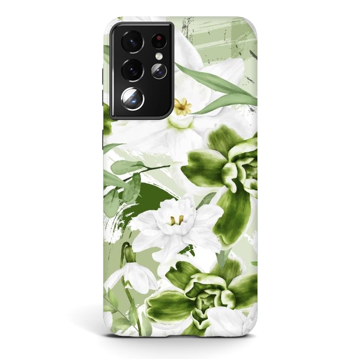 Galaxy S21 ultra StrongFit White Watercolor Flowers 1 by Bledi