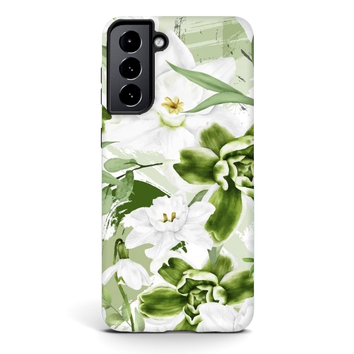 Galaxy S21 StrongFit White Watercolor Flowers 1 by Bledi