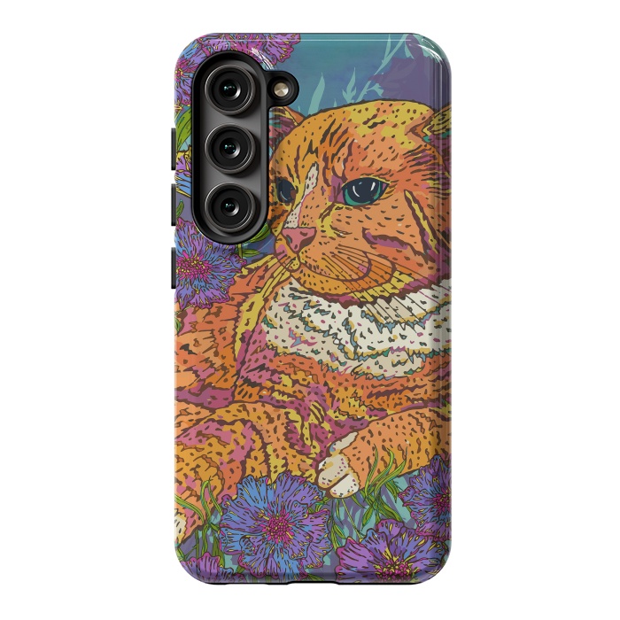 Galaxy S23 StrongFit Ginger Cat in Flowers by Lotti Brown