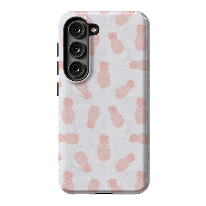 Galaxy S23 StrongFit Pink Pineapples on White Marble by Julie Erin Designs