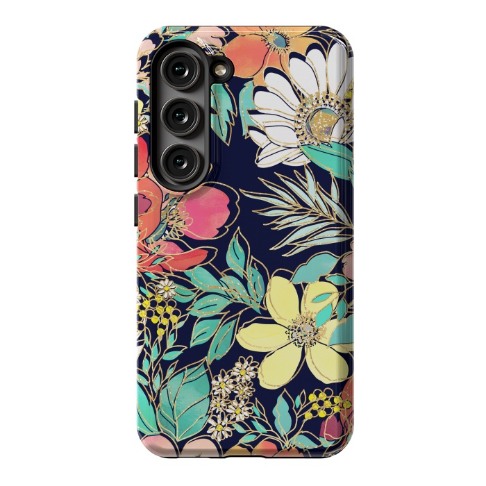 Galaxy S23 StrongFit Cute girly pink floral golden strokes design by InovArts