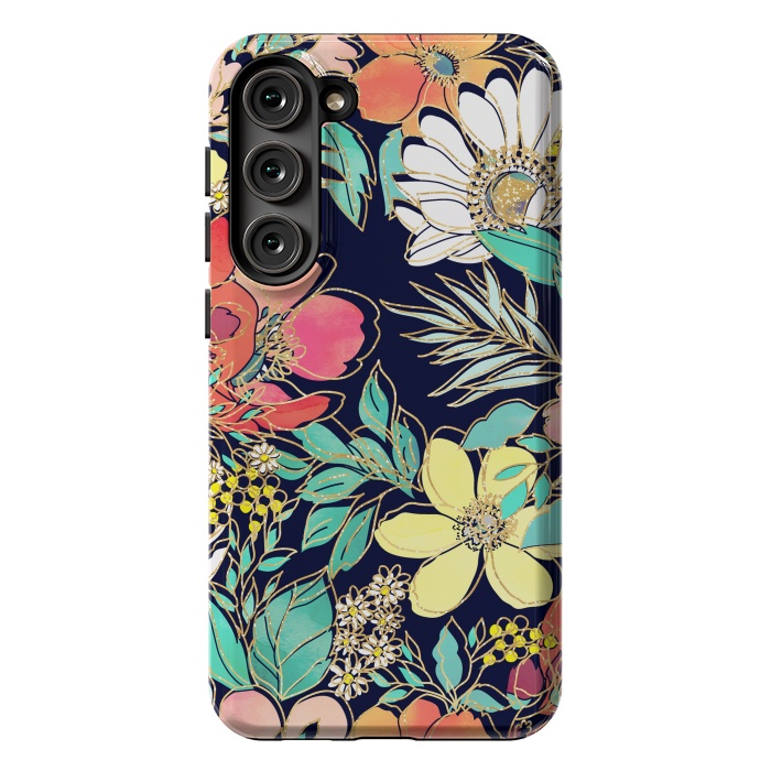 Galaxy S23 Plus StrongFit Cute girly pink floral golden strokes design by InovArts