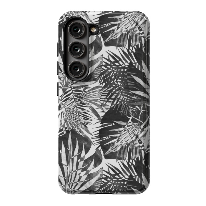 Galaxy S23 StrongFit Black and white tropical leaves illusion by Oana 