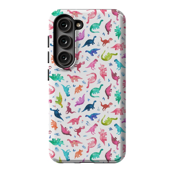 Galaxy S23 StrongFit Tiny Ditsy Watercolor Dinosaurs in Rainbow Colors by Micklyn Le Feuvre