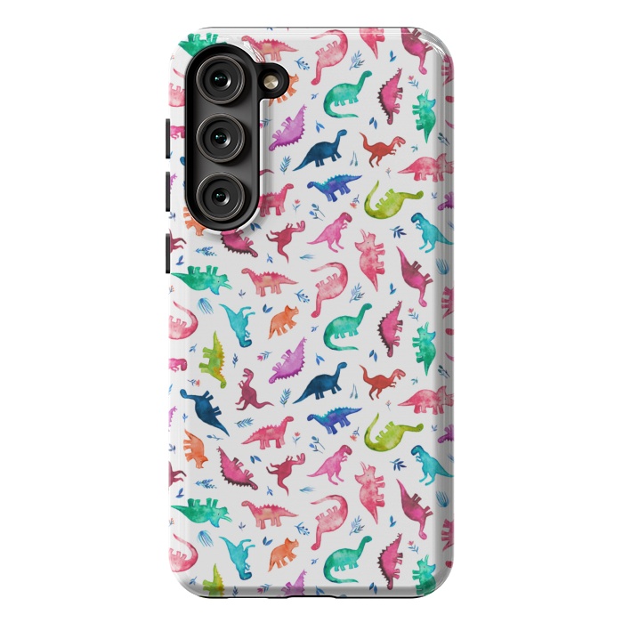 Galaxy S23 Plus StrongFit Tiny Ditsy Watercolor Dinosaurs in Rainbow Colors by Micklyn Le Feuvre