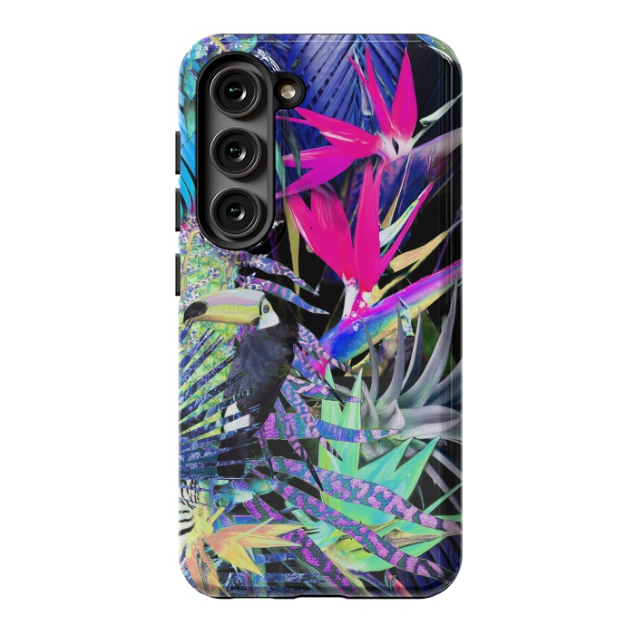 Galaxy S23 StrongFit Colorful neon toucan and strelitzia jungle pattern by Oana 