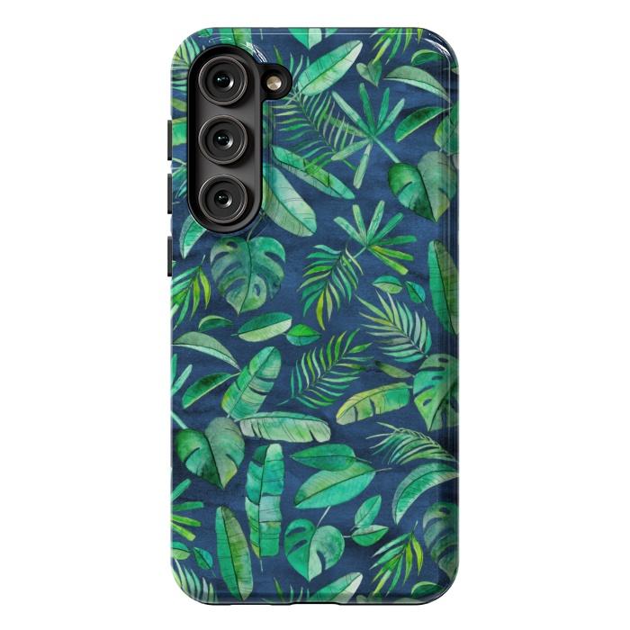 Galaxy S23 Plus StrongFit Emerald Tropical Leaf Scatter on textured Navy Blue by Micklyn Le Feuvre