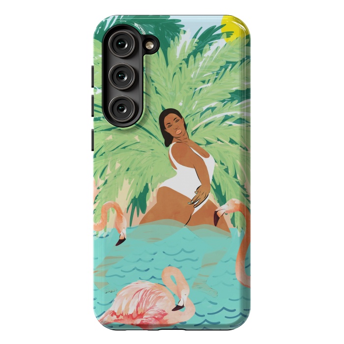 Galaxy S23 Plus StrongFit Tropical Summer Water Yoga with Palm & Flamingos | Woman of Color Black Woman Body Positivity by Uma Prabhakar Gokhale