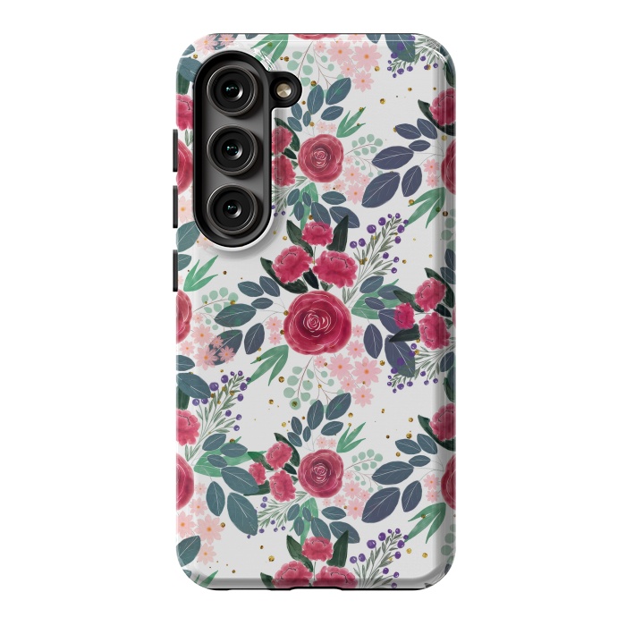 Galaxy S23 StrongFit Cute Rose Pink Peonies Watercolor Paint Gold Dots Design by InovArts