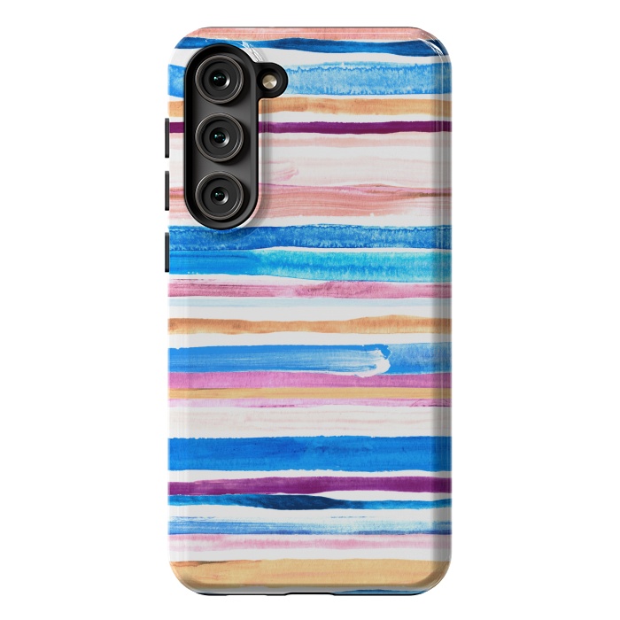Galaxy S23 Plus StrongFit Pastel Pink, Plum and Cobalt Blue Gouache Stripes by Micklyn Le Feuvre