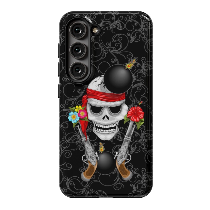 Galaxy S23 StrongFit Pirate Skull, Ancient Guns, Flowers and Cannonballs by BluedarkArt