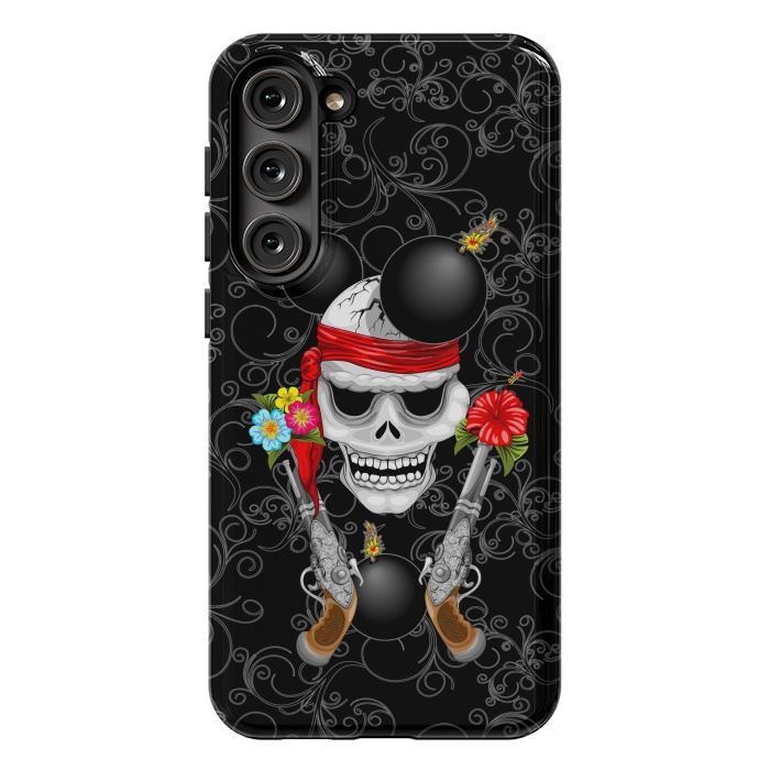 Galaxy S23 Plus StrongFit Pirate Skull, Ancient Guns, Flowers and Cannonballs by BluedarkArt
