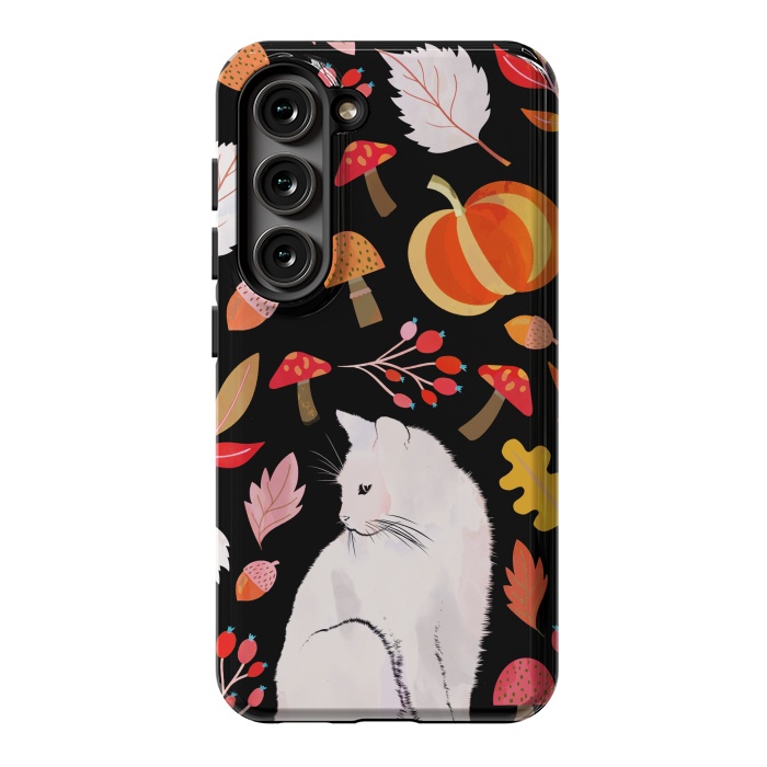 Galaxy S23 StrongFit Autumn nature pattern with white cat by Oana 