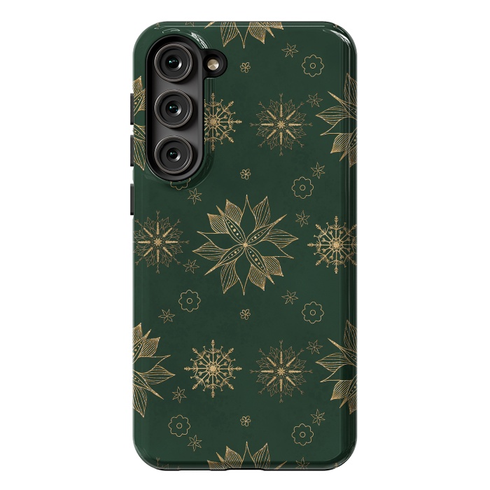Galaxy S23 Plus StrongFit Elegant Gold Green Poinsettias Snowflakes Winter Design by InovArts