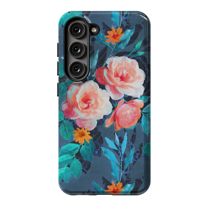 Galaxy S23 StrongFit Retro Rose Chintz in Radiant Coral on Blue by Micklyn Le Feuvre