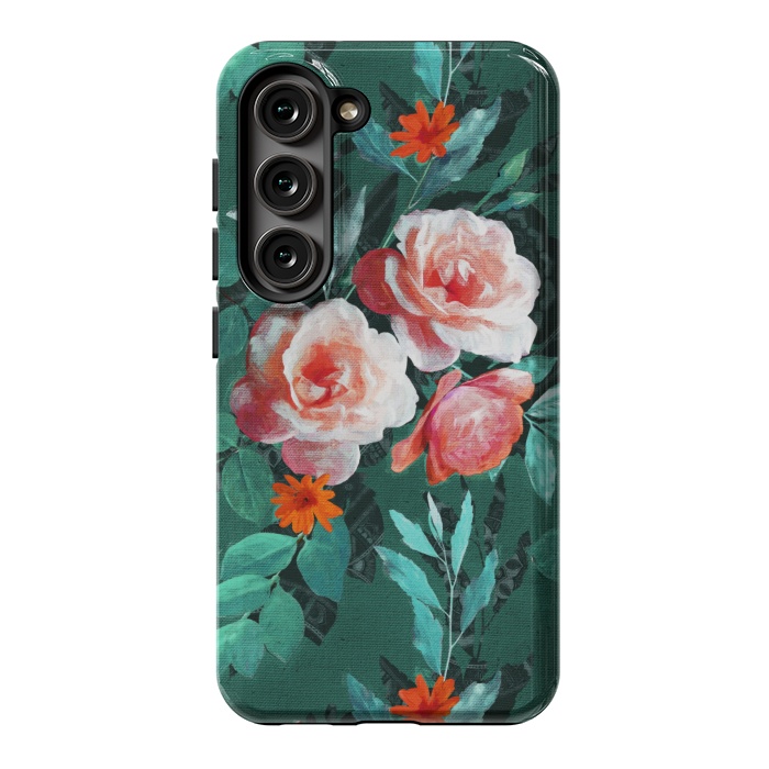 Galaxy S23 StrongFit Retro Rose Chintz in Melon Pink on Dark Emerald Green by Micklyn Le Feuvre