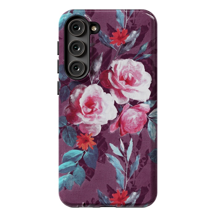 Galaxy S23 Plus StrongFit Retro Rose Chintz in Magenta and Plum by Micklyn Le Feuvre