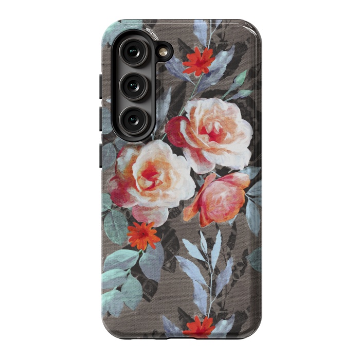 Galaxy S23 StrongFit Retro Rose Chintz in Scarlet, Peach, Sage and Grey by Micklyn Le Feuvre