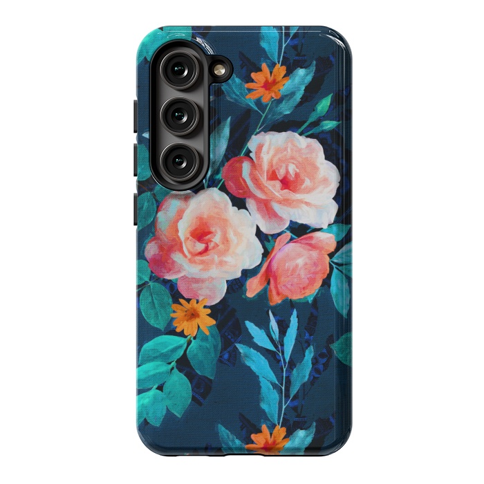 Galaxy S23 StrongFit Retro Rose Chintz in Bright Coral and Peach on Indigo Blue by Micklyn Le Feuvre