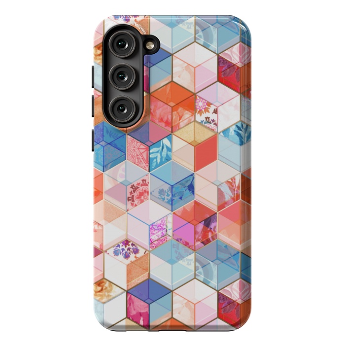 Galaxy S23 Plus StrongFit Coral, Cream and Cobalt Kaleidoscope Cubes by Micklyn Le Feuvre