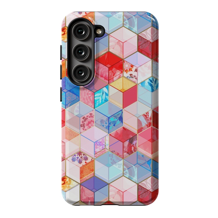 Galaxy S23 StrongFit Ruby and Topaz Kaleidoscope Cubes by Micklyn Le Feuvre
