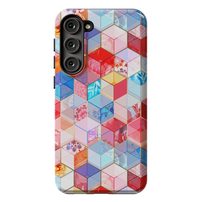 Galaxy S23 Plus StrongFit Ruby and Topaz Kaleidoscope Cubes by Micklyn Le Feuvre