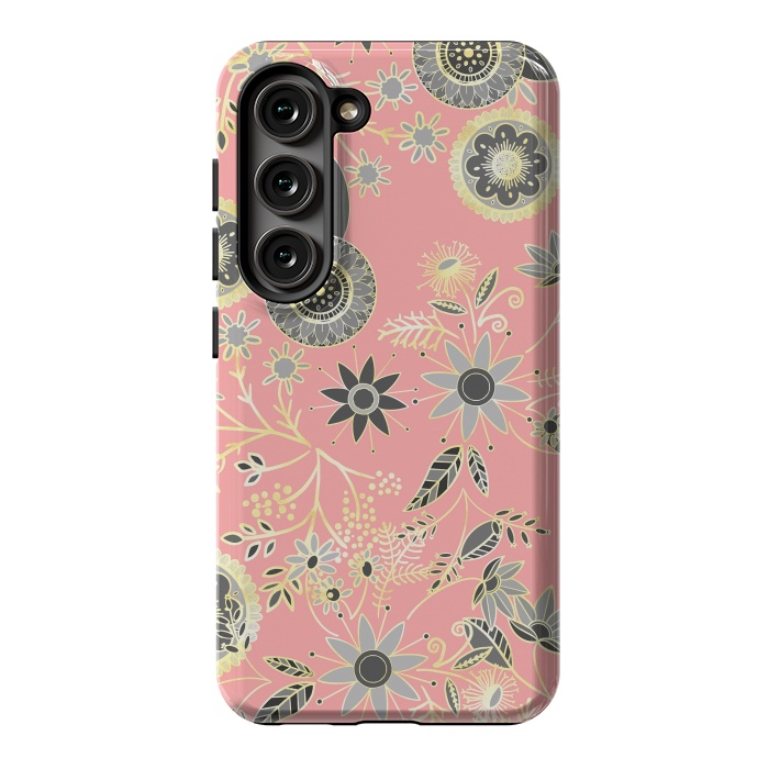Galaxy S23 StrongFit Elegant Gray and Pink Folk Floral Golden Design by InovArts