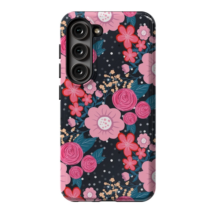 Galaxy S23 StrongFit Pretty girly pink Floral Silver Dots Gray design by InovArts
