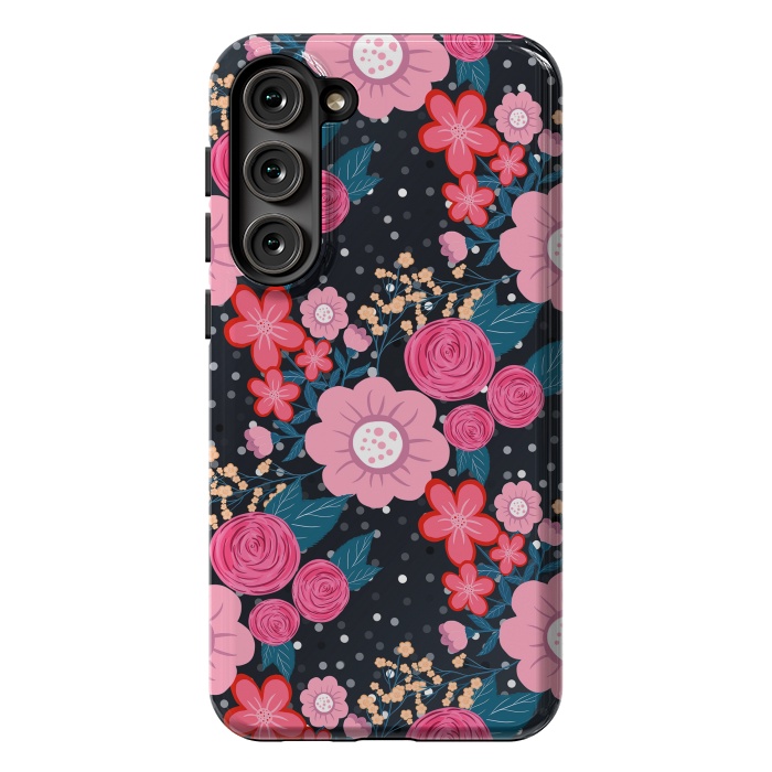 Galaxy S23 Plus StrongFit Pretty girly pink Floral Silver Dots Gray design by InovArts