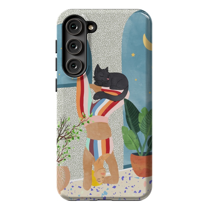 Galaxy S23 Plus StrongFit Headstand, Cat Yoga, Active Woman Workout, Eclectic Colorful Pets Terrazzo by Uma Prabhakar Gokhale