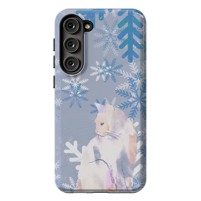Galaxy S23 Plus StrongFit Cat and metallic blue snowflakes watercolor illustration by Oana 