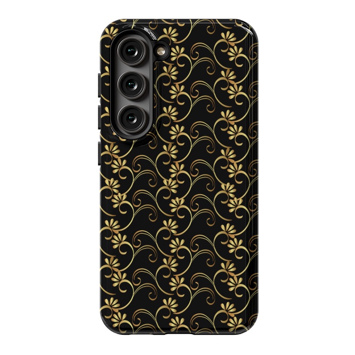 Galaxy S23 StrongFit golden black floral pattern by MALLIKA