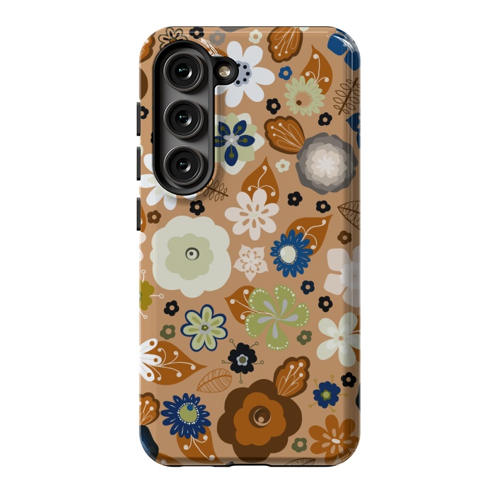 Galaxy S23 StrongFit Kitsch 70s Flowers in Classic Blue and Brown by Paula Ohreen