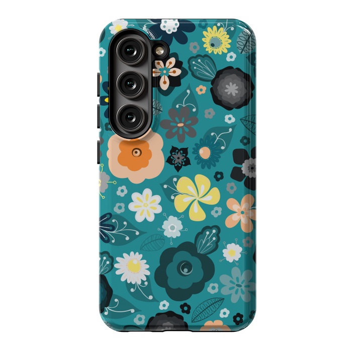 Galaxy S23 StrongFit Kitsch 70s Flowers in Classic Blue and Yellow by Paula Ohreen