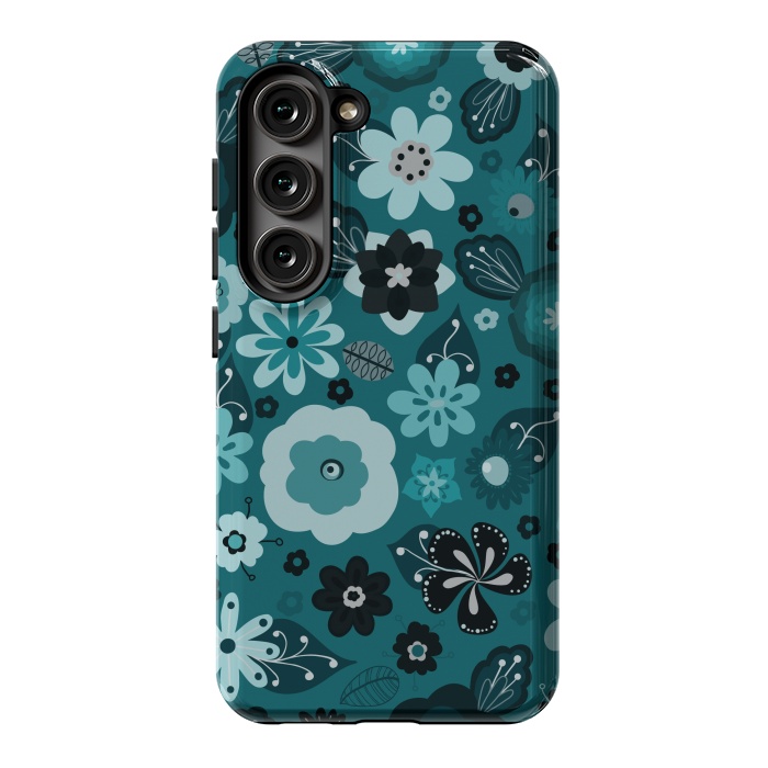 Galaxy S23 StrongFit Kitsch 70s Flowers in Monochrome Classic Blue by Paula Ohreen