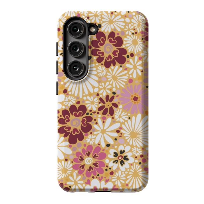 Galaxy S23 StrongFit 70s Valentine Flowers in Pink, Cream and Yellow by Paula Ohreen
