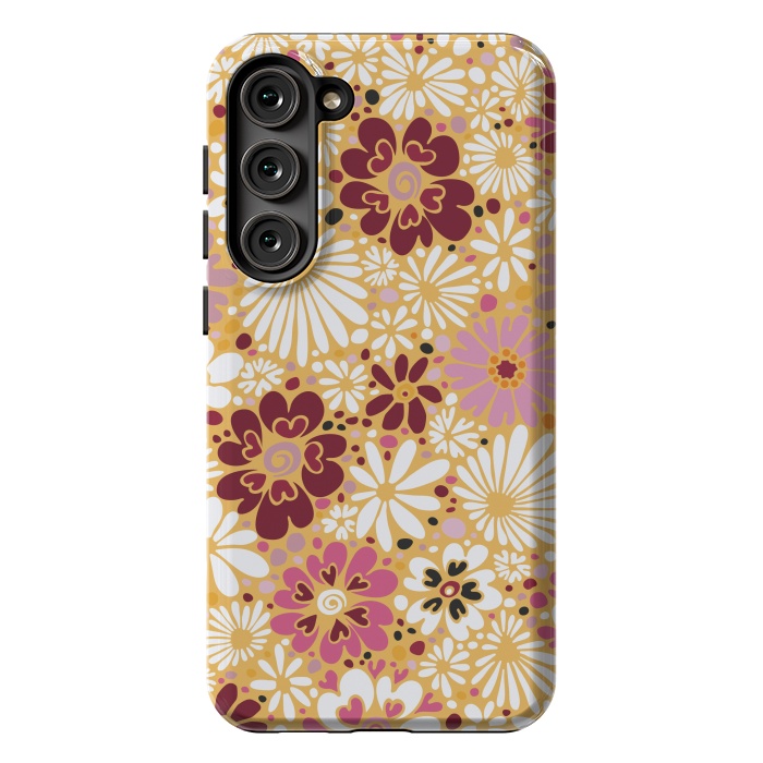 Galaxy S23 Plus StrongFit 70s Valentine Flowers in Pink, Cream and Yellow by Paula Ohreen